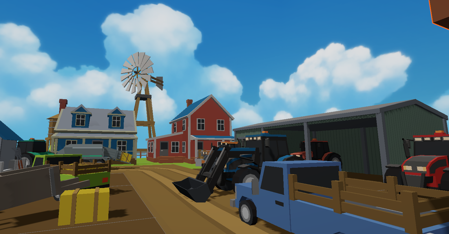 Escena de la granja de Livio con edificios, molino de viento y tractores